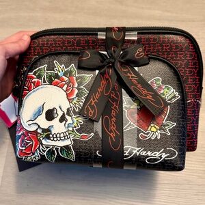 Ed Hardy Leopard Flowers Heart Skull 2pc  Cosmetic Gift Bags Set NWT Y2K Vibes